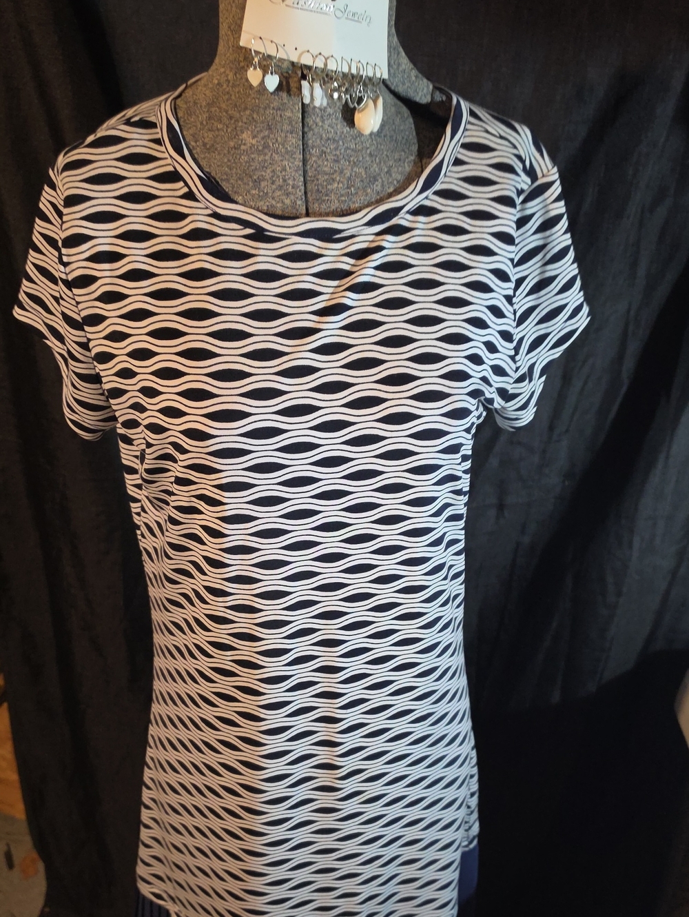 Michael Kors Navy and White Wave-Print Short Sleeve Stretch Dress